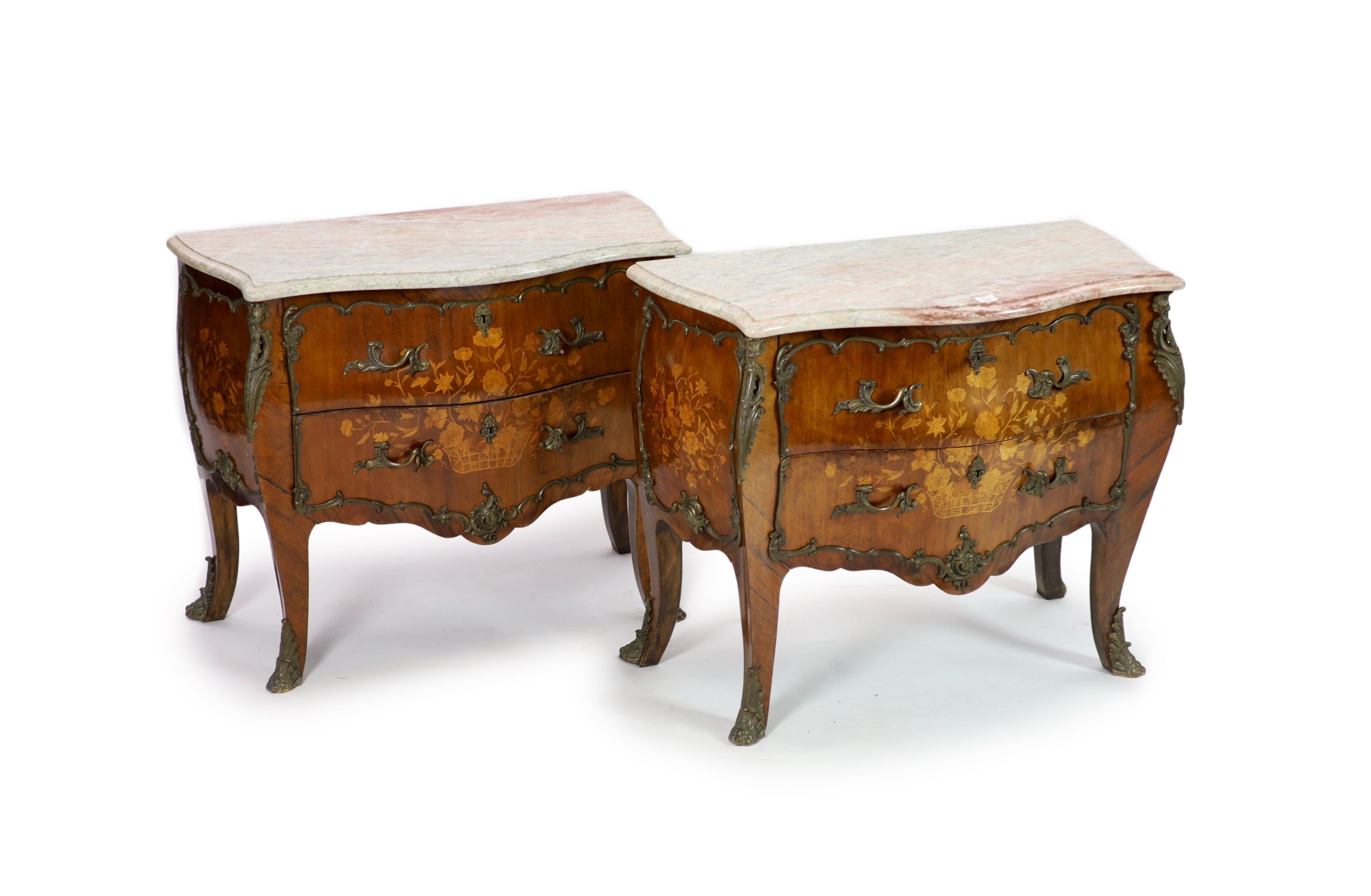 A pair of 18th century style Dutch kingwood and floral marquetry bombe commodes W.102cm D.52cm H.85cm